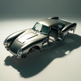 A car body with windows, doors, and headlights but no wheels