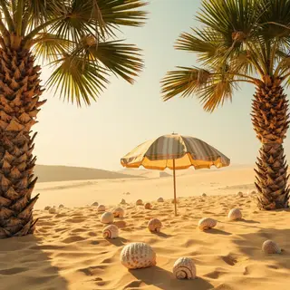 A sandy beach with palm trees, seashells, and a beach umbrel
