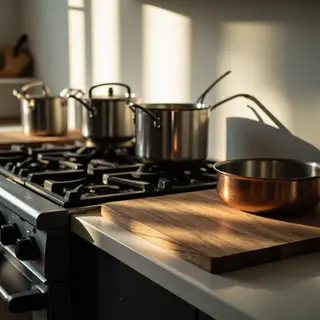 A kitchen with pots, pans, a stove, and a cutting board but 