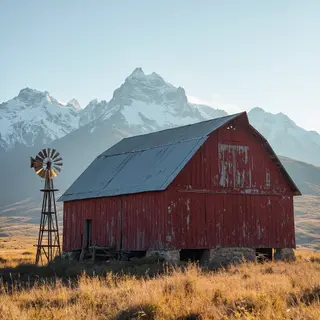 A landscape with a red barn in the foreground at large scale