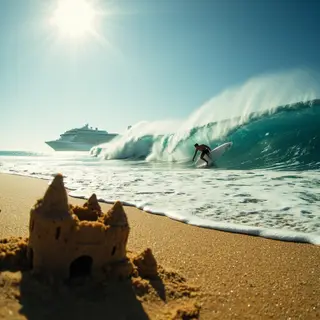 A beach scene with a sandcastle in the foreground, a surfer 