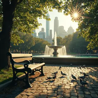 A city park with a park bench and pigeons in the foreground,