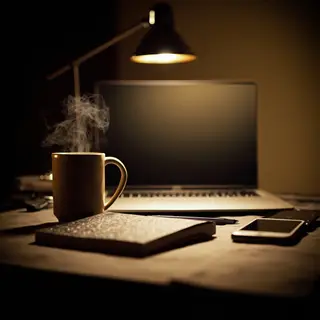 A desk scene: laptop in the center, coffee mug to the left, 