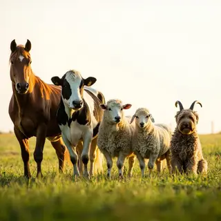 Five animals in a field: a horse on the far left, a cow to t