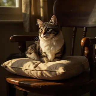 A cat sitting on a pillow, the pillow placed on a wooden cha