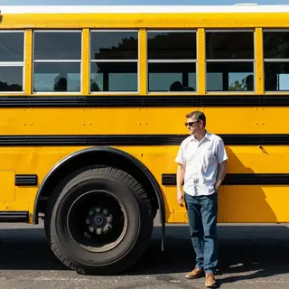A person standing next to a yellow school bus, showing reali