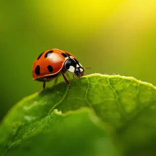 A ladybug sitting on a large green leaf, shown at realistic 