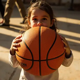 A child holding a basketball, both at correct relative sizes