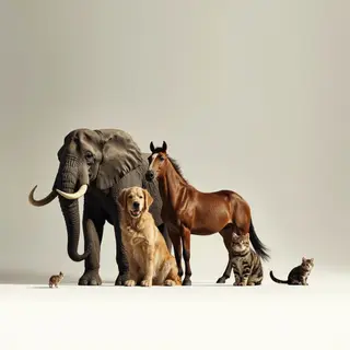 A group photo of an elephant, a horse, a dog, a cat, and a m