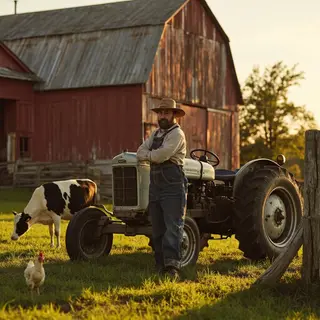 A farm scene with a barn, tractor, farmer, cow, chicken, and