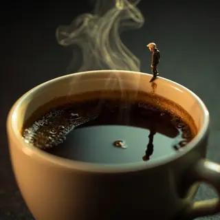 A tiny person standing on the rim of a coffee cup, looking d