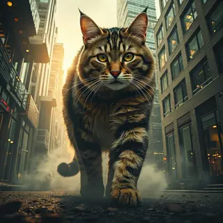 A giant tabby cat walking between city skyscrapers like a ka