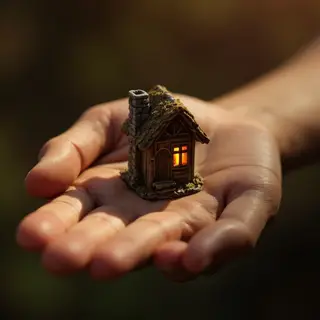 A miniature house sitting on the palm of someone's hand