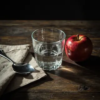 A still life on a wooden table featuring a clear glass of wa