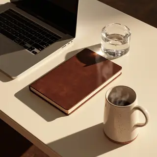 A workspace desk with a brushed aluminum laptop, a leather-b