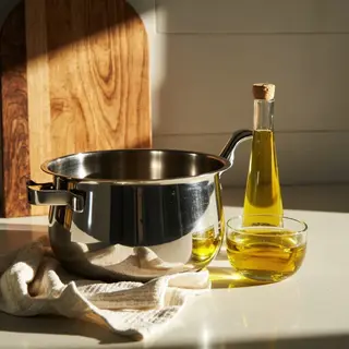 A kitchen counter with a stainless steel pot, a wooden cutti