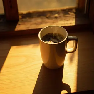 A coffee mug on a sunny windowsill casting a sharp shadow to