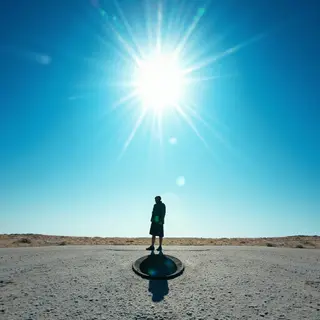 A person standing outdoors at midday with a short shadow dir