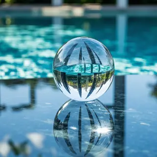 A clear glass sphere sitting on a mirror surface near a pool