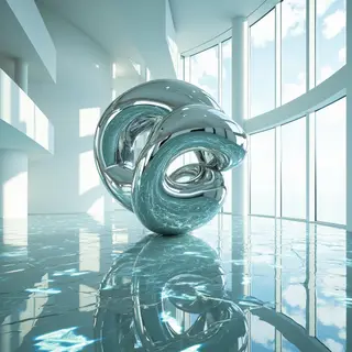 A chrome sculpture in a room with a glass floor and large wi