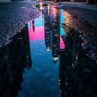 A city skyline reflected in a rain puddle on a street, with 