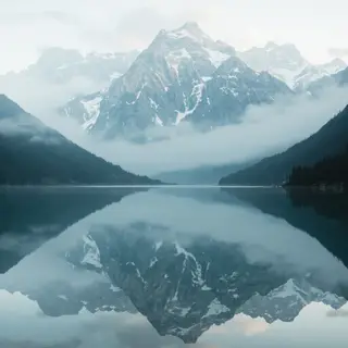 A mountain range reflected in a still alpine lake, with the 