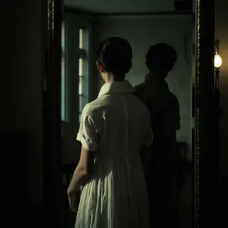 A woman standing in front of a full-length mirror, her refle