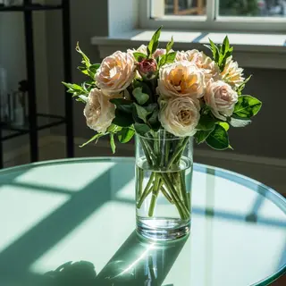 A vase of flowers on a glass table with a clear reflection v