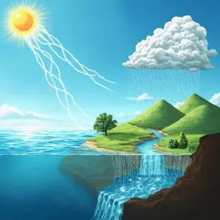 A detailed diagram of the water cycle showing evaporation fr