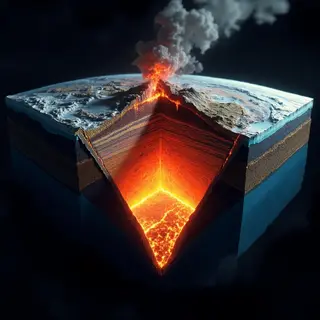 A cross-section showing tectonic plates at a convergent boun
