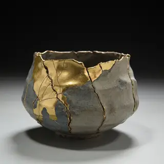 A Japanese kintsugi bowl — cracked ceramic repaired with vis