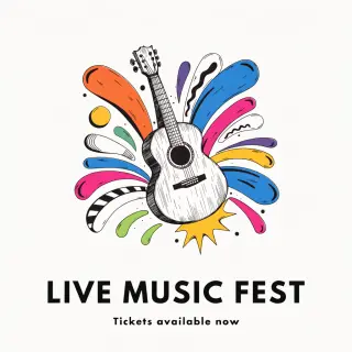An event poster featuring a guitar illustration, the headlin