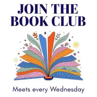 A book club poster with an open book illustration, the title