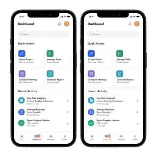 A mobile app UI mockup showing a dashboard with a top naviga