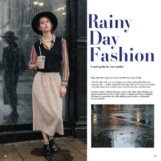 A fashion magazine spread with a full-bleed left-page photo,