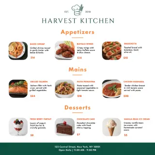 A restaurant menu layout with a logo header, three category 