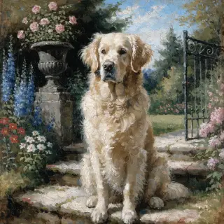 A golden retriever sitting in a garden, painted in the style