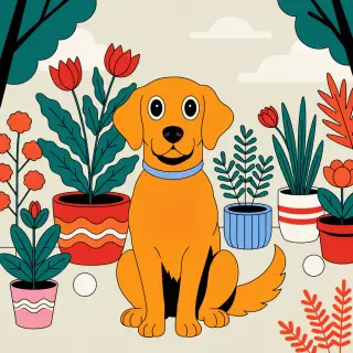 A golden retriever sitting in a garden, rendered in Japanese