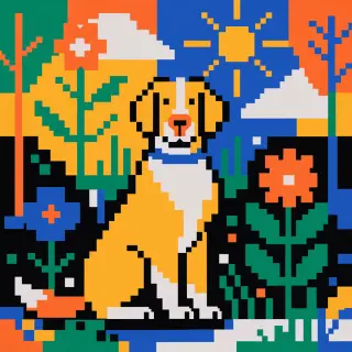 A golden retriever sitting in a garden, rendered in pixel ar