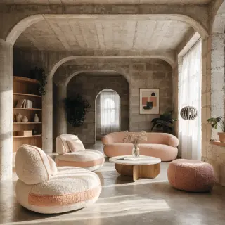 An interior scene rendered in soft brutalism — raw concrete 