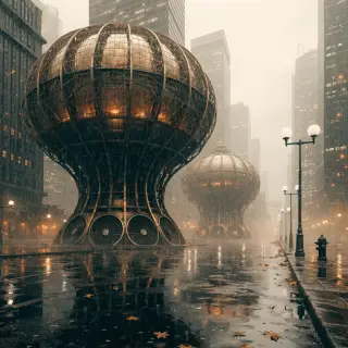 A cityscape rendered in nostalgic futurism — retro-futuristi