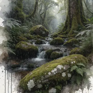 A forest rendered in photorealistic watercolor — the detail 