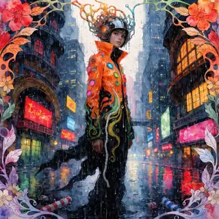 A woman in a futuristic city rendered in cyberpunk Art Nouve