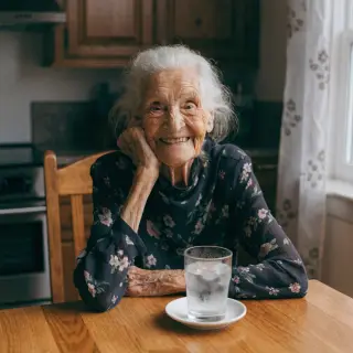 An elderly woman in her 80s with deep wrinkles and white hai