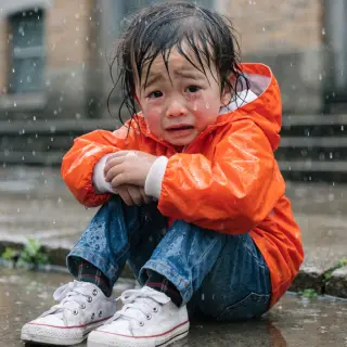 A 5-year-old child with round cheeks and large eyes, crying 