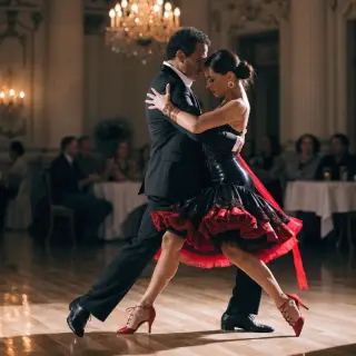 Two tango dancers in a close embrace, the man dipping the wo