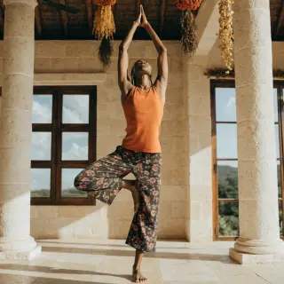 A person in a yoga tree pose — standing on one leg with the 