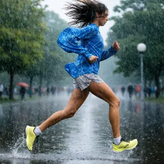 A woman mid-stride running through a park, hair and clothes 