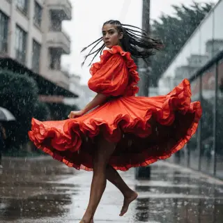 A dancer in a dynamic spin, dress flowing outward with one l