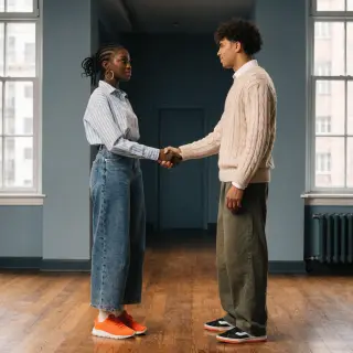 Two people shaking hands in a professional setting, all fing